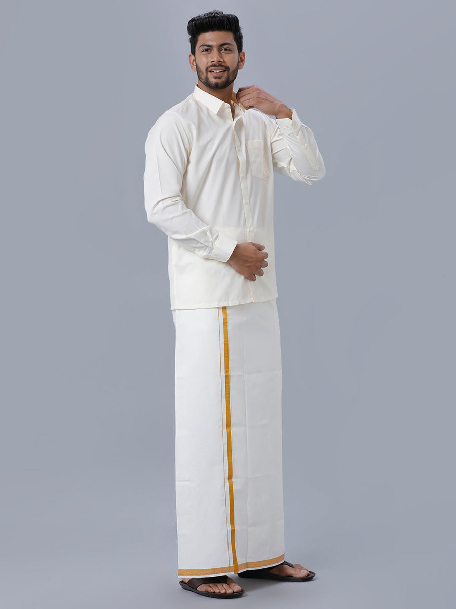 Mens Cream Cotton Full Sleeves Shirt with Gold Jari 1/2" Double Dhoti Combo