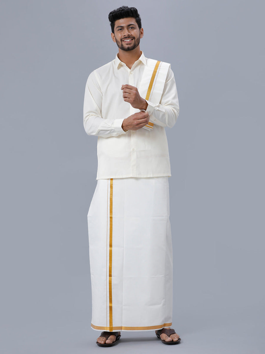 Mens Cream Full Sleeves Shirt 1/2" Gold Jari Double Dhoti+Towel+Belt Combo