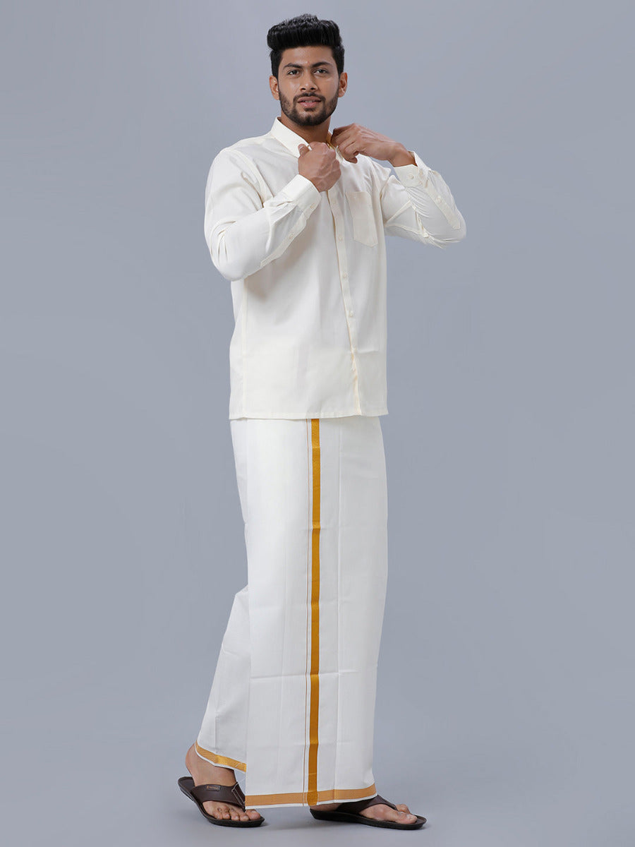 Mens Cream Cotton Gold Jari 1/2" Double Dhoti with Full Sleeves Shirt Combo-Side view