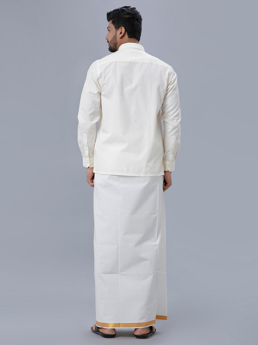 Mens Cream Cotton Gold Jari 1/2" Double Dhoti with Full Sleeves Shirt Combo-Back view
