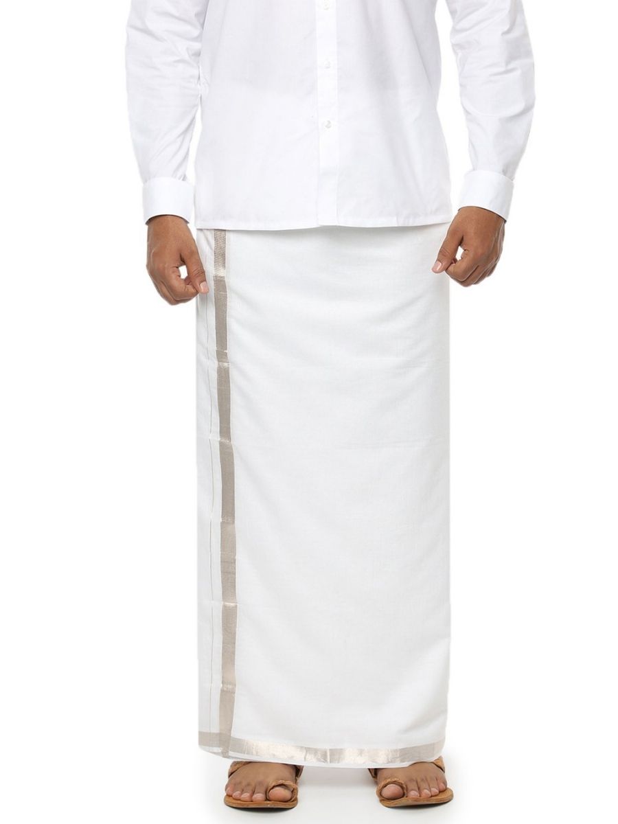 Mens Double Dhoti White with Silver Jari 1 1/2" Silver Coin