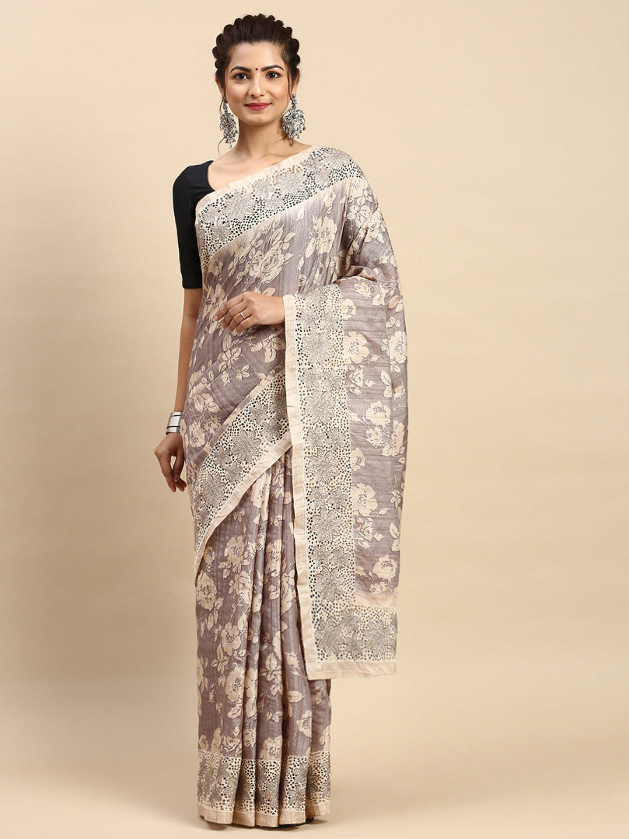 Womens Semi Tussar Woven Embroidery Saree Grey with Sandal STWE12