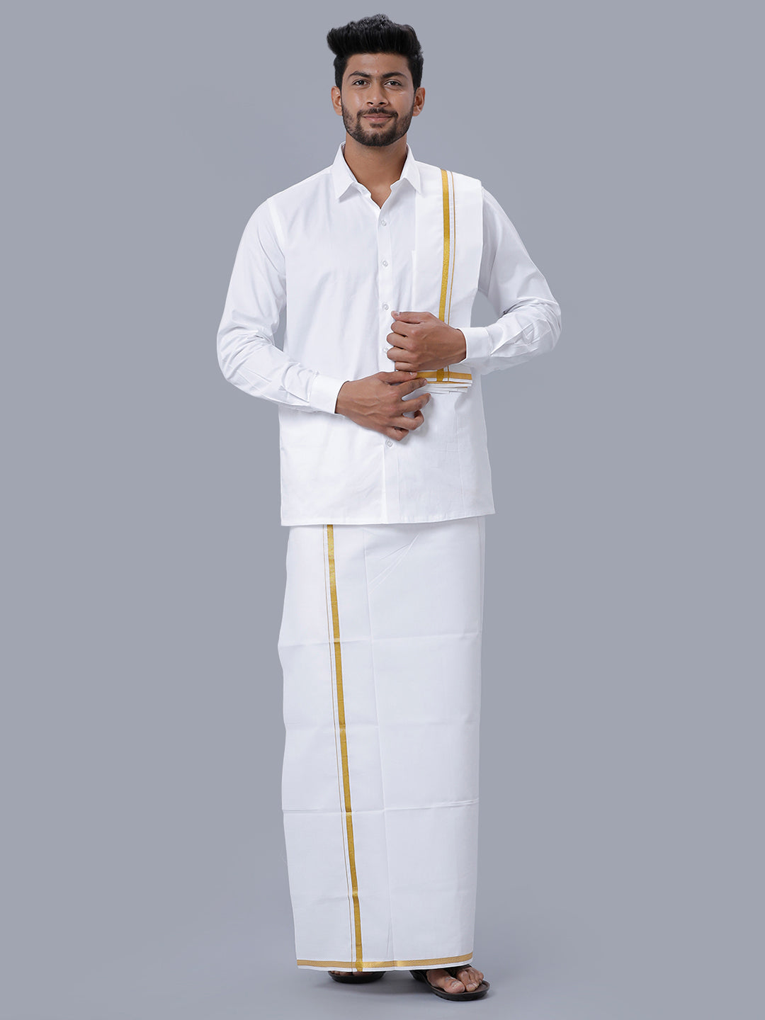 Mens 100% Cotton White Full Sleeves Shirt with 1/2''Jari Double Dhoti+Towel Combo