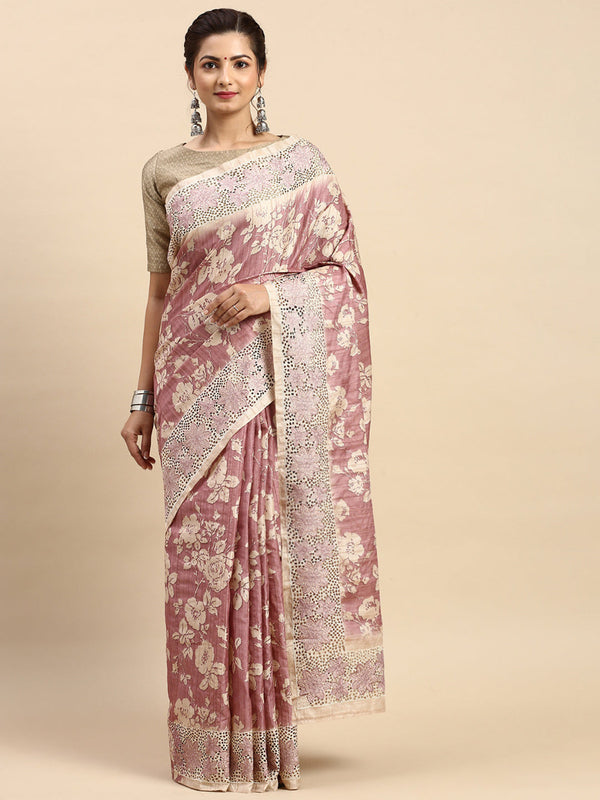 Womens Semi Tussar Woven Embroidery Saree Pink with Sandal STWE11