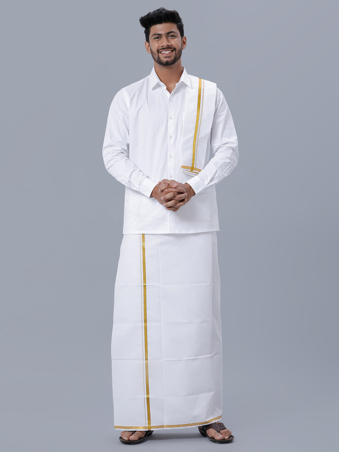 Mens 100% Cotton White Full Sleeves Shirt, Single Dhoti, Towel & Belt Combo