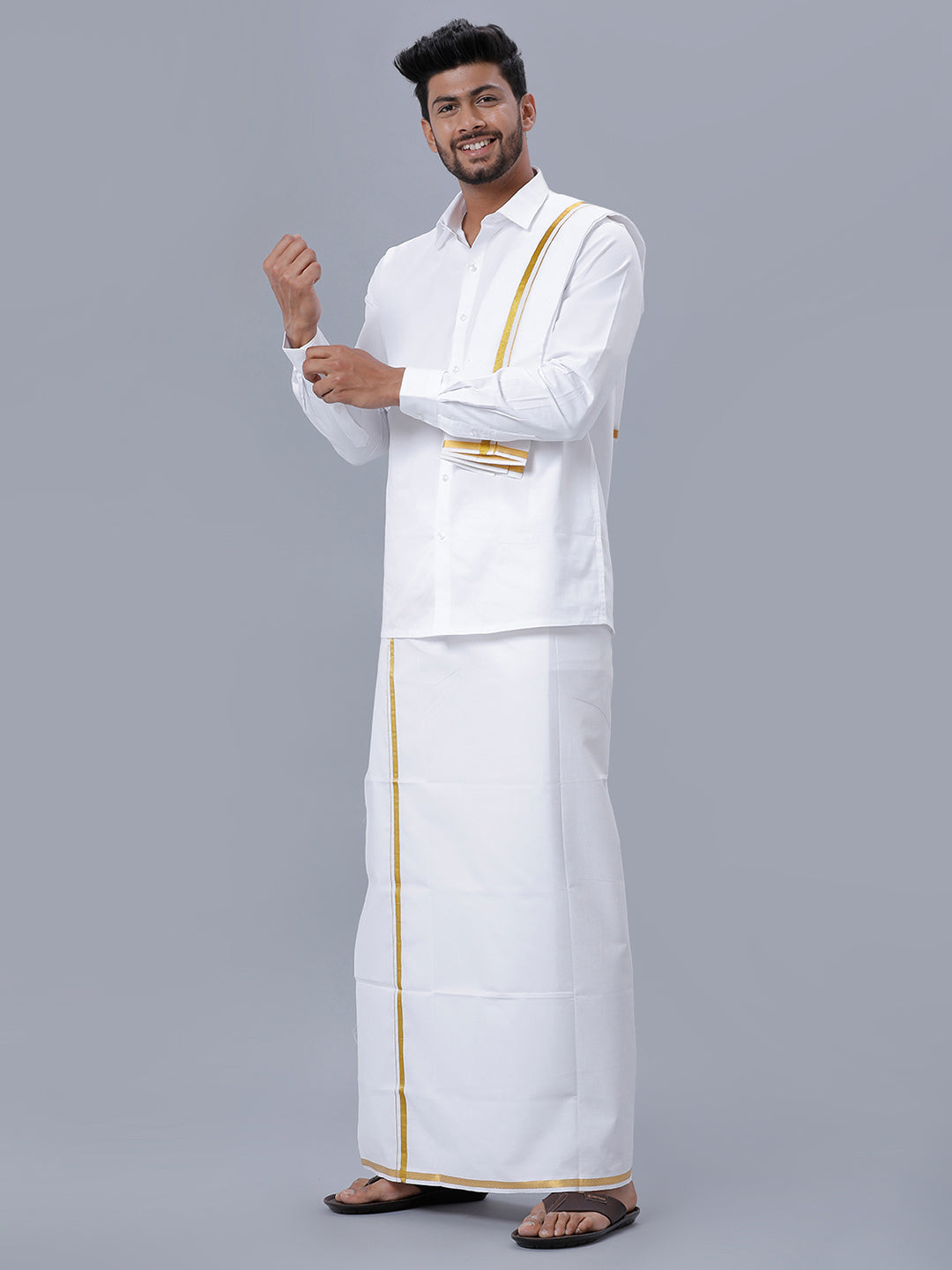 Mens Pure Cotton White Full Sleeves Shirt with 1/2''Jari Single Dhoti+Towel Combo