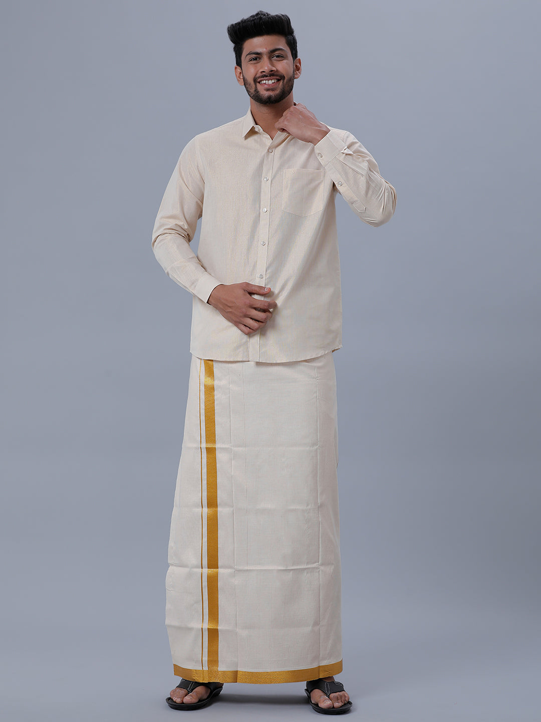 Mens Cotton Single Gold Colour with Jari Border Dhoti Primacy Gold-Full view