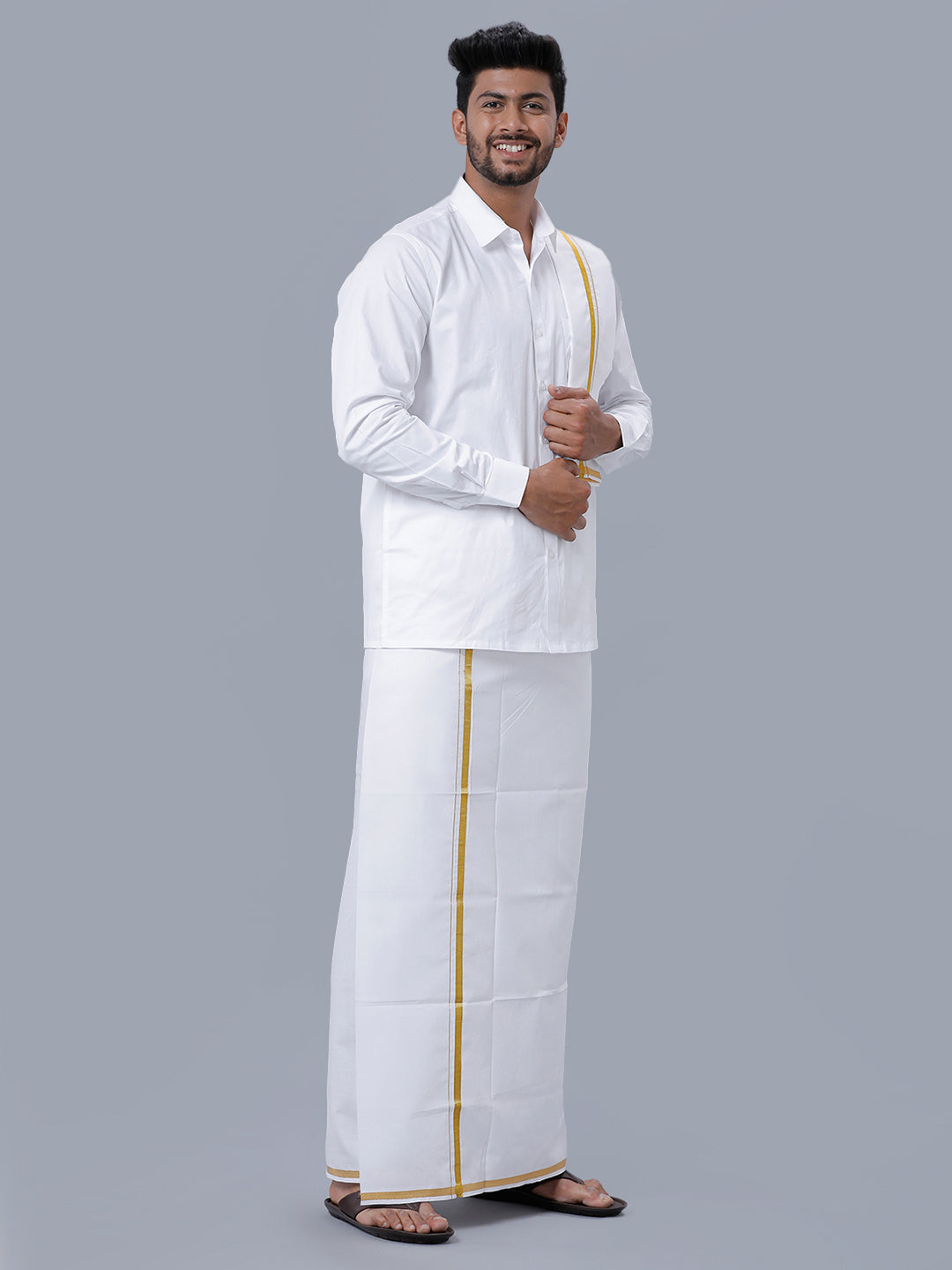 Mens Pure Cotton White Full Sleeves Shirt with 1/2''Jari Double Dhoti+Towel Combo