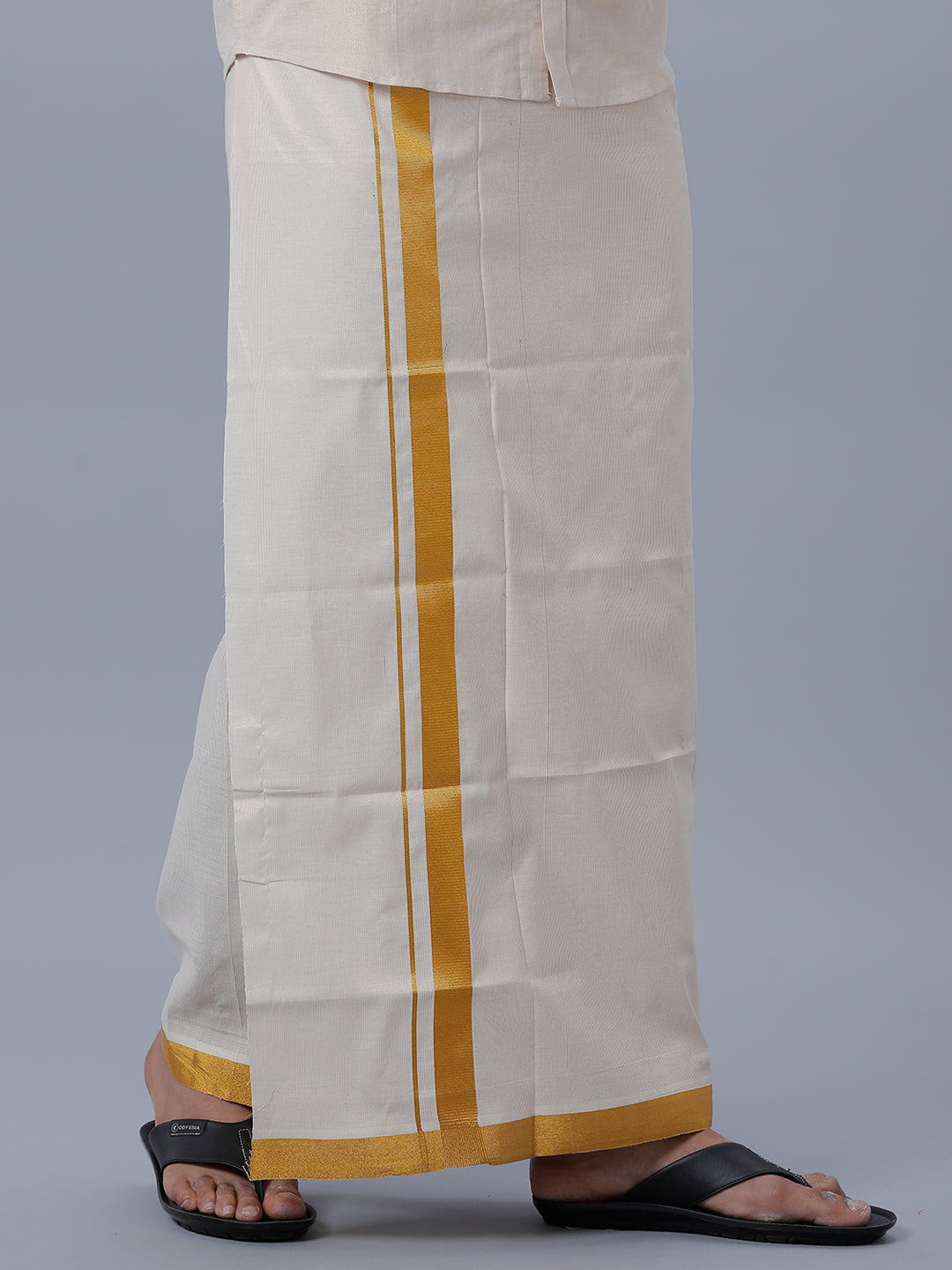Mens Cotton Single Gold Colour with Jari Border Dhoti Primacy Gold-side view