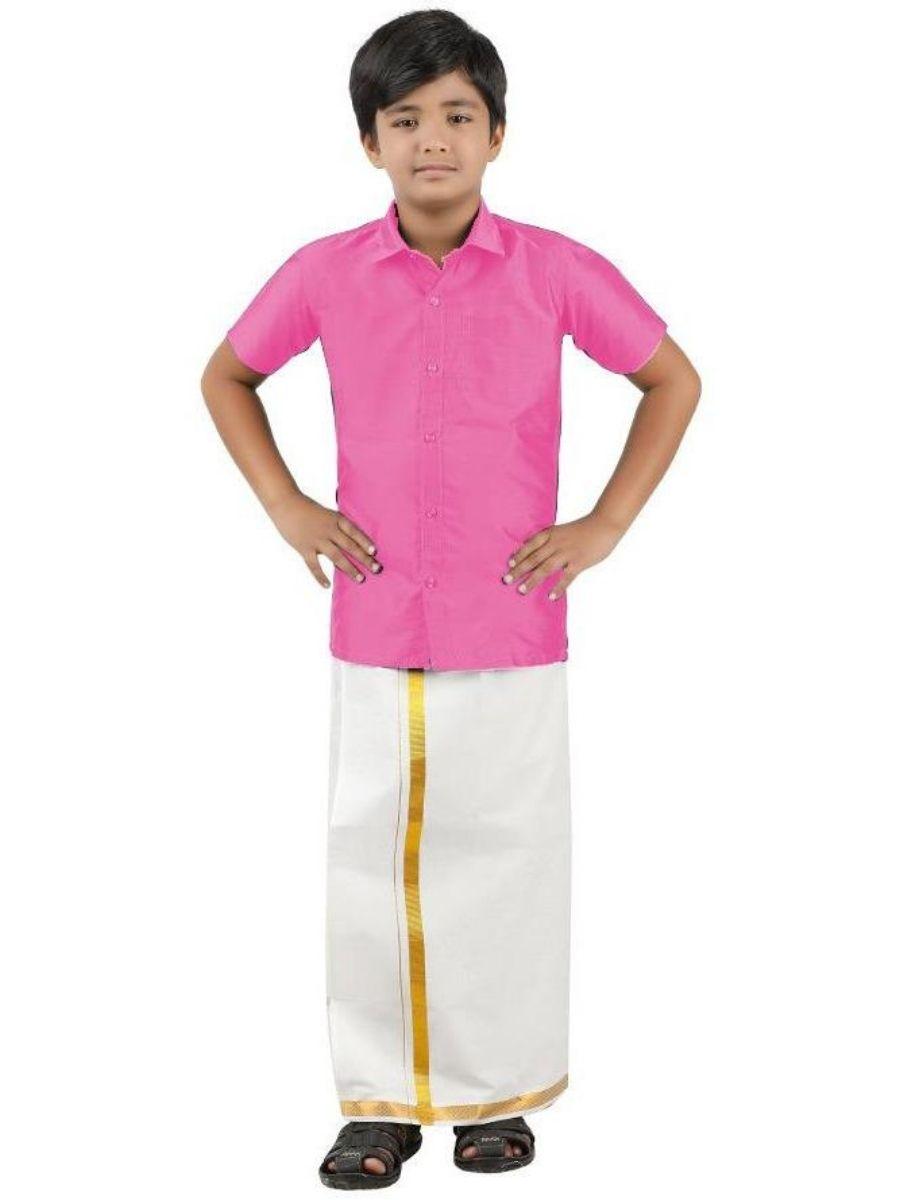 Boys Silk Cotton Shirt with Dhoti Set Light Pink -  Ramraj Cotton-Full view