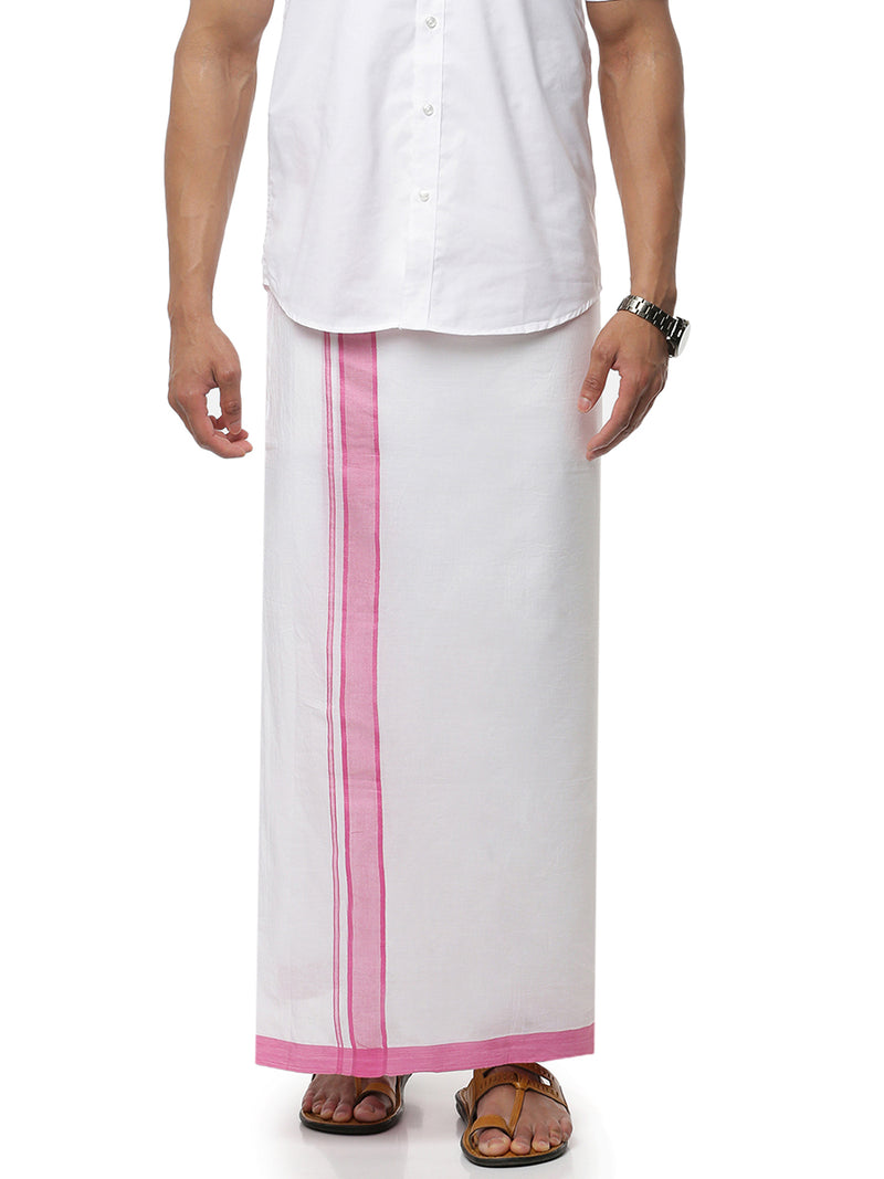 Mens Double Dhoti White with Fancy Border Rivan Light Pink