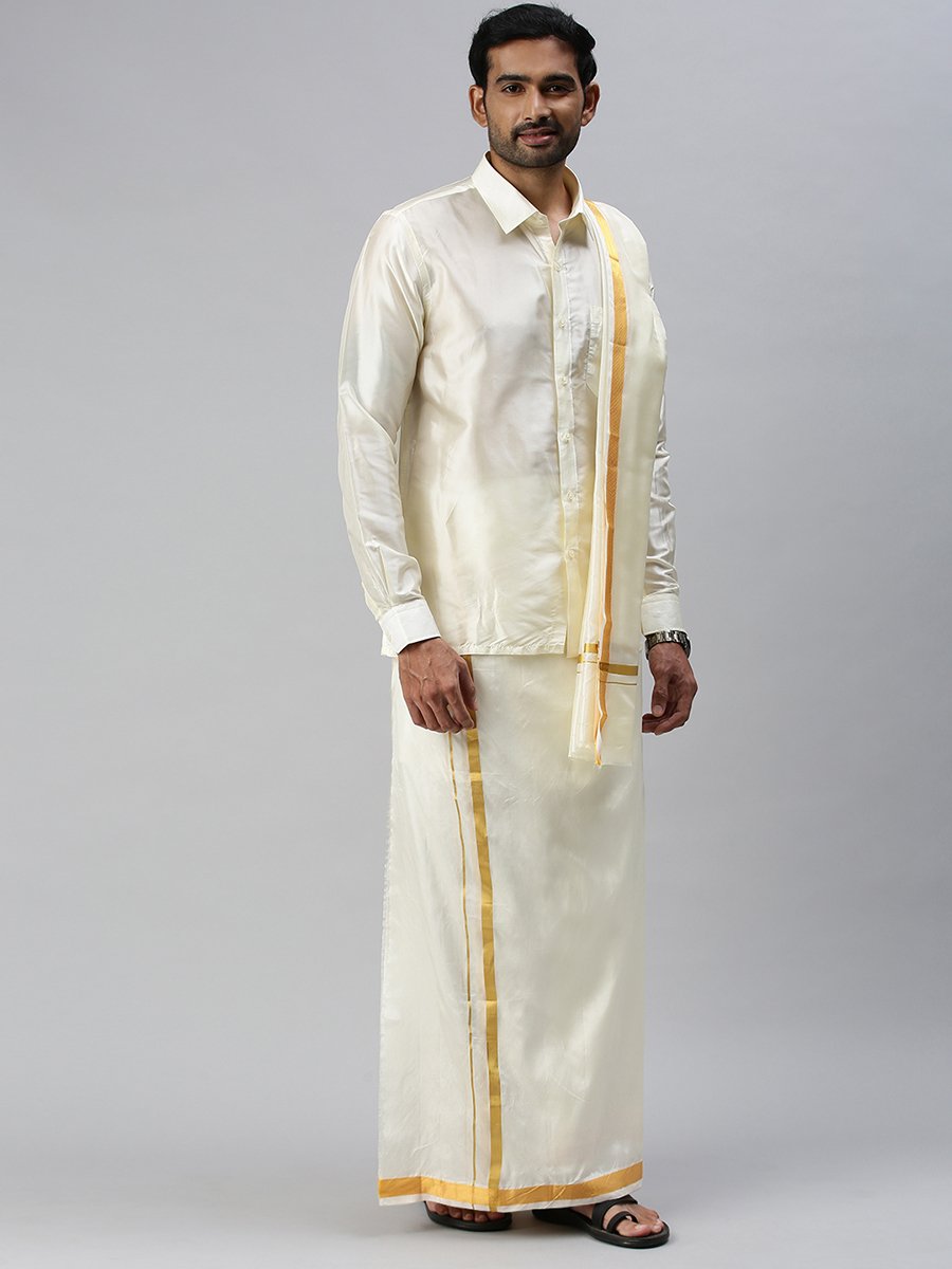 Mens Silk Cream Wedding Set 1 1/2" Dhoti+Towel+Shirt Subha Vaibhavaa