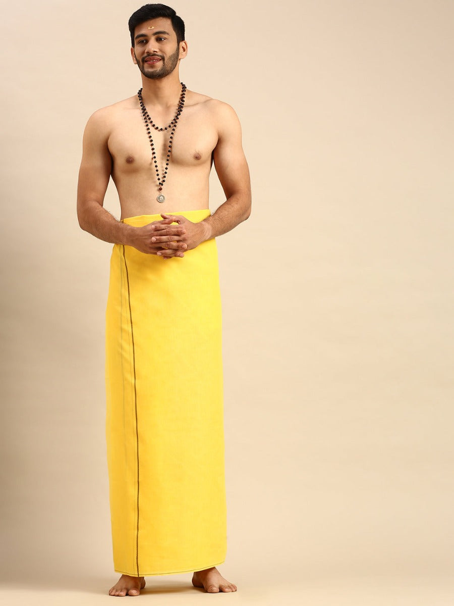 Mens Double Dhoti with Small Border Mangalya Yellow-Full view