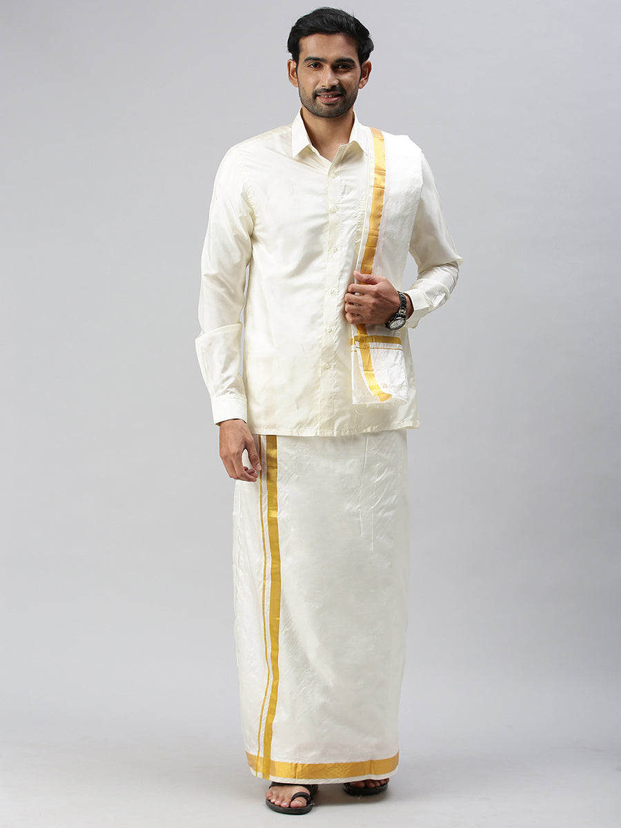 Mens Pure Silk Cream Dhoti & Towel Set Thirukalyan 40K 1 1/2"-Full view