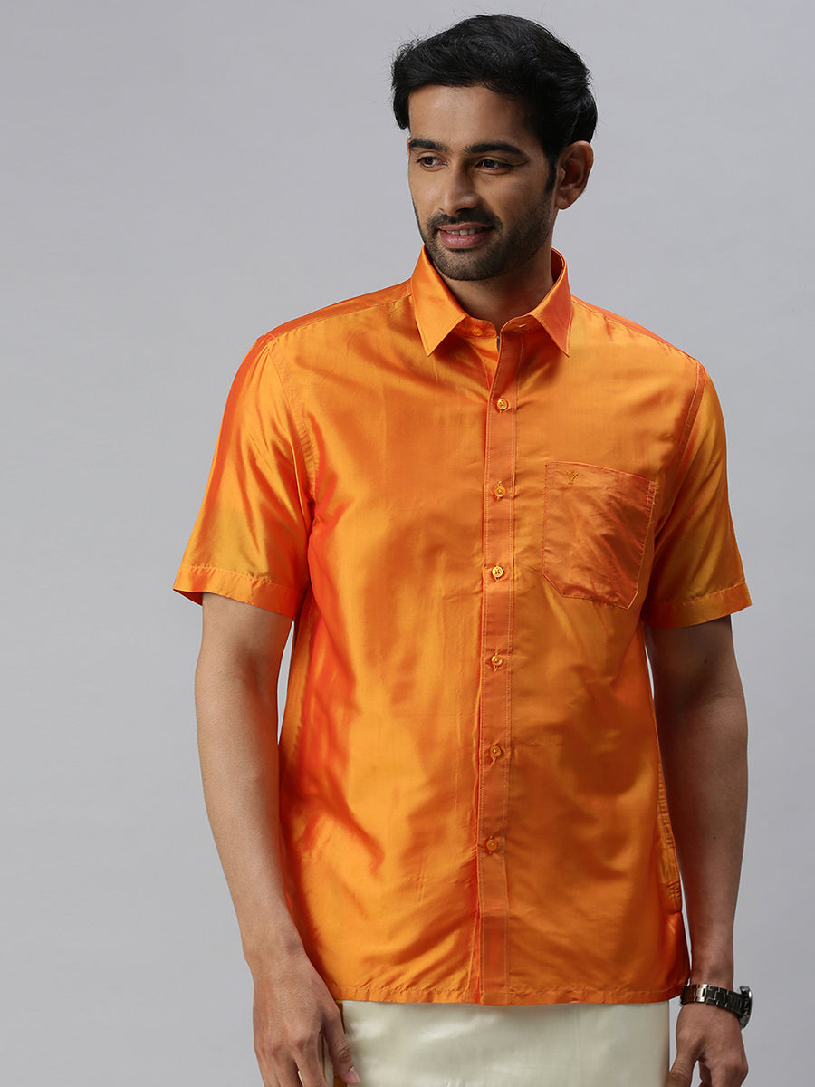 Mens Pure Silk Half Sleeves Shirt Golden Orange