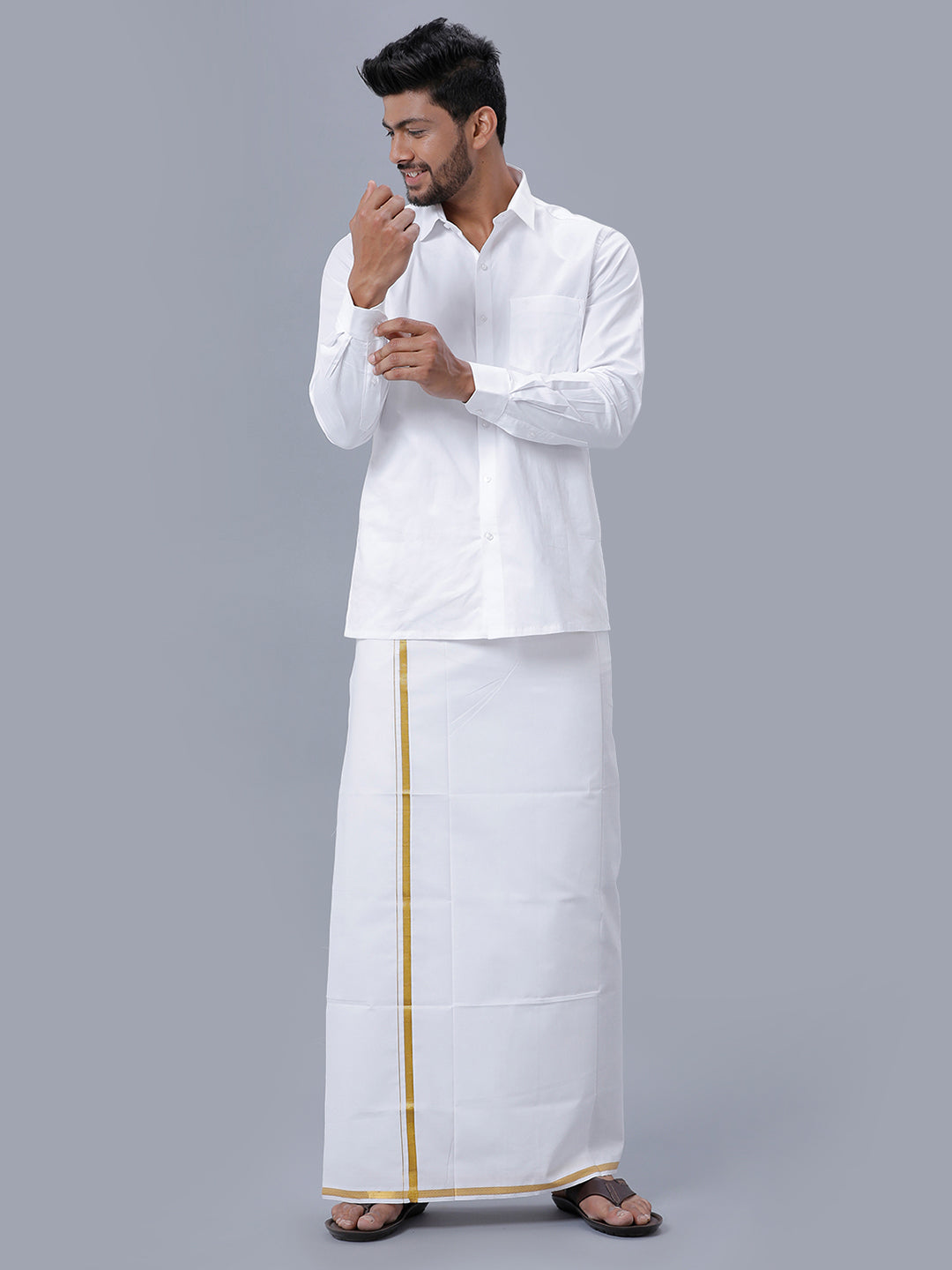 Mens Pure Cotton White Full Sleeves Shirt with 1/2'' Gold Jari Single Dhoti Combo