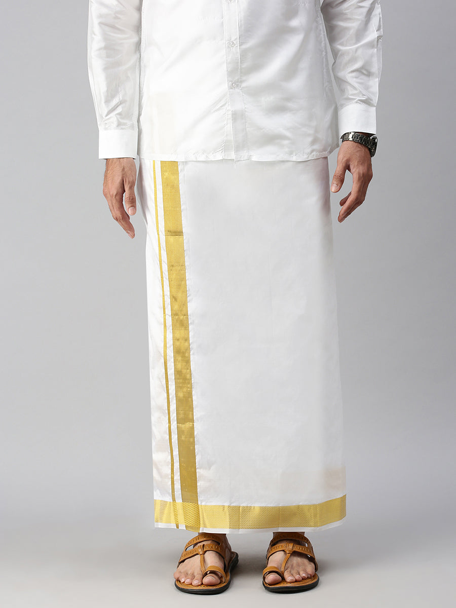 Mens Pure Silk White Double Dhoti with 2" Gold Jari Upasana