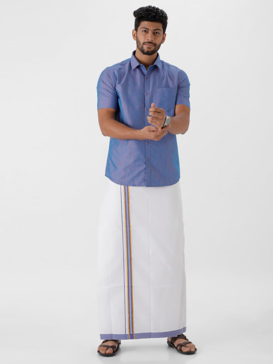 Mens Matching Jari Border Dhoti & Shirt Set Half Blue VB5