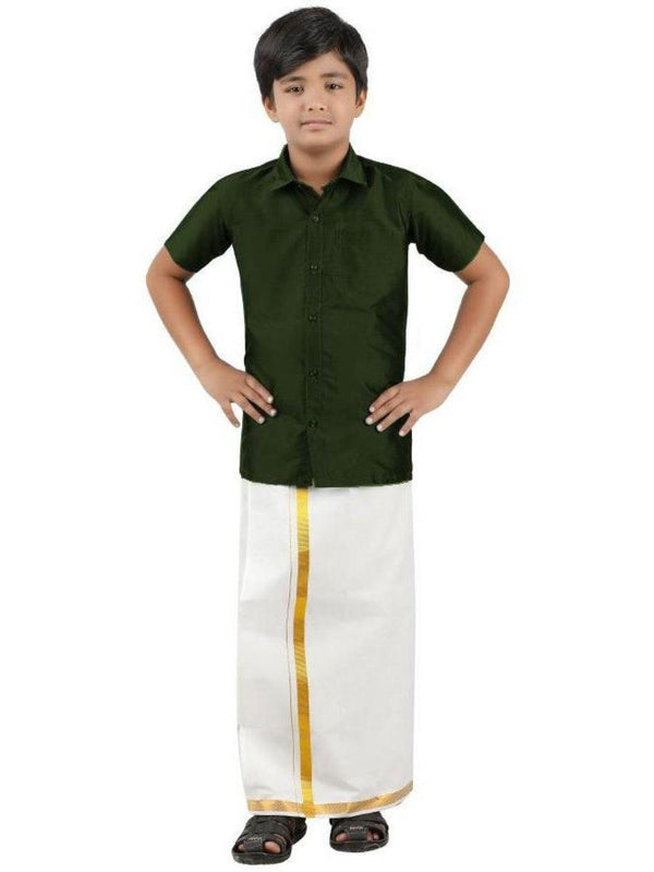Boys Silk Cotton Shirt with Dhoti Set B.Green -  Ramraj Cotton