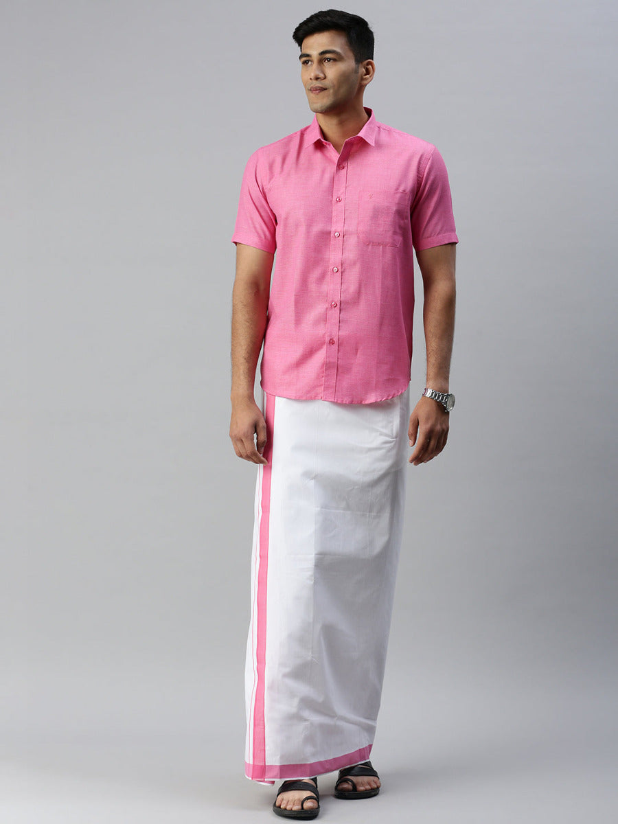 Mens Matching Border Adjustable Dhoti & Half Sleeves Shirt Set Pink CC10-Full view