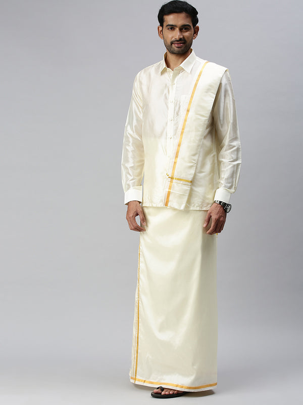 Mens Silk Cream Wedding Set 3/4" Dhoti+Towel+Shirt Subha Vaibhavaa