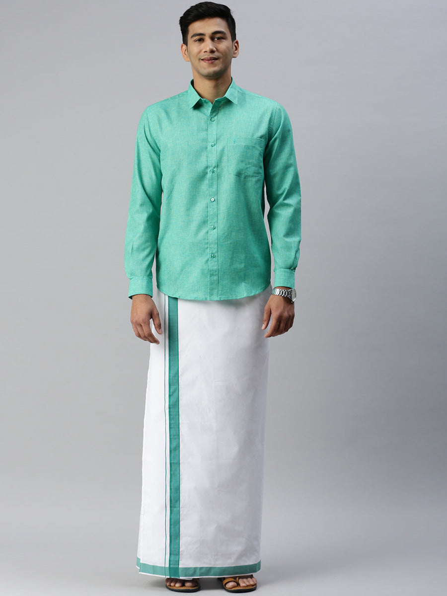 Mens Matching Border Adjustable Dhoti & Full Sleeves Shirt Set Green CC7