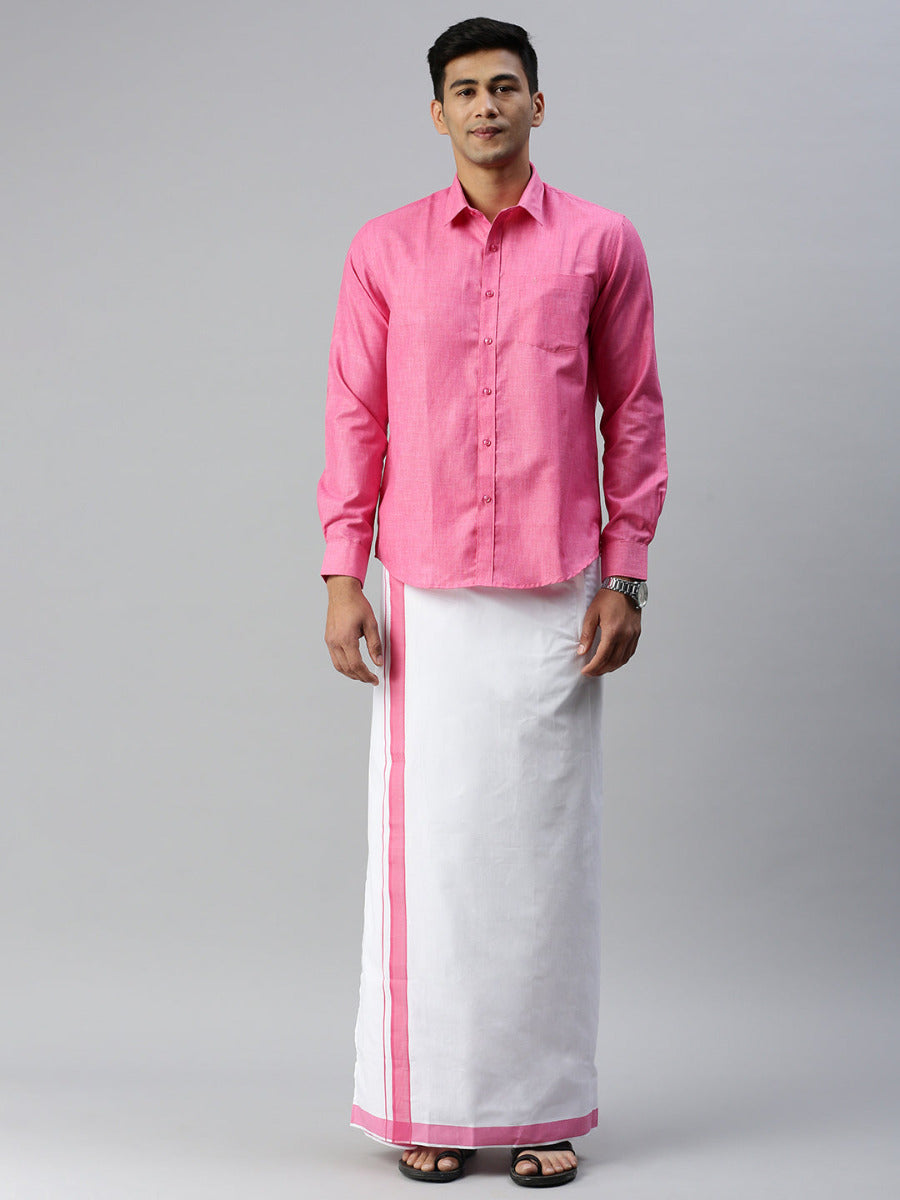 Mens Matching Border Adjustable Dhoti & Full Sleeves Shirt Set Pink CC10-Front view