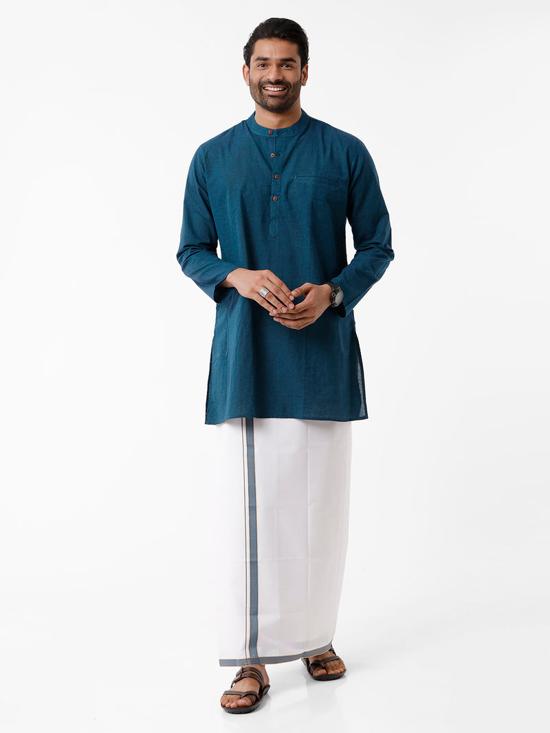Mens Full Sleeves Blue Colour Medium Length Pocket kurta GK3