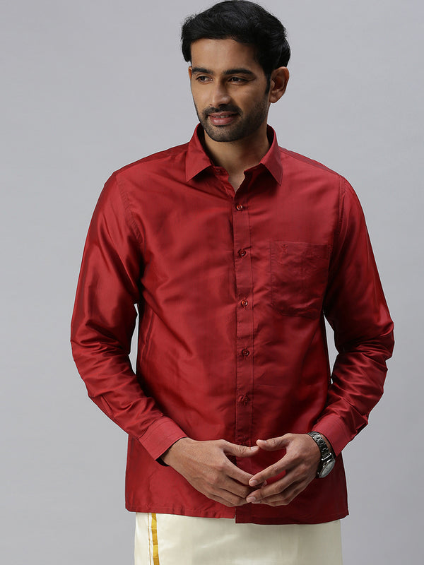Mens Silk Maroon Colour Full Sleeves Shirt