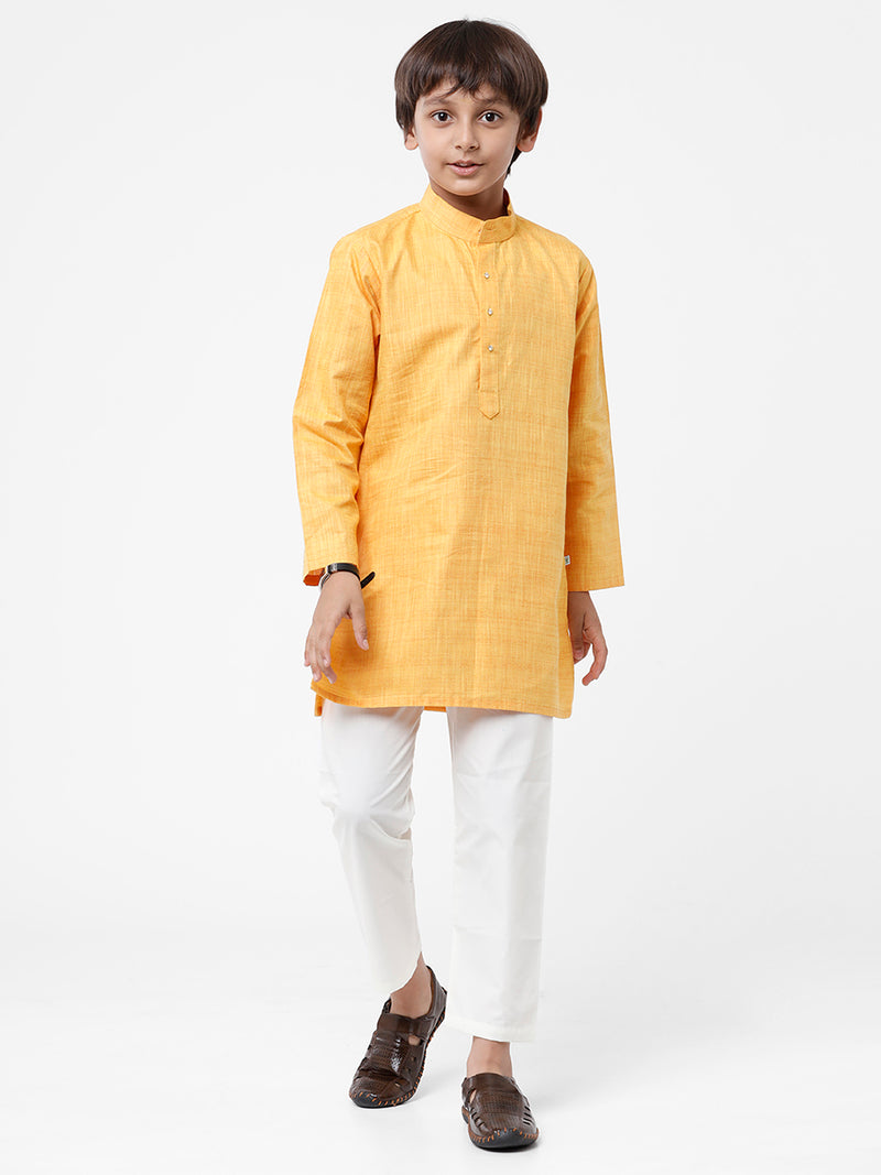 RAHIPA Men's Cotton Plain Mustard Yellow Kurta With White Pant Type Pajama