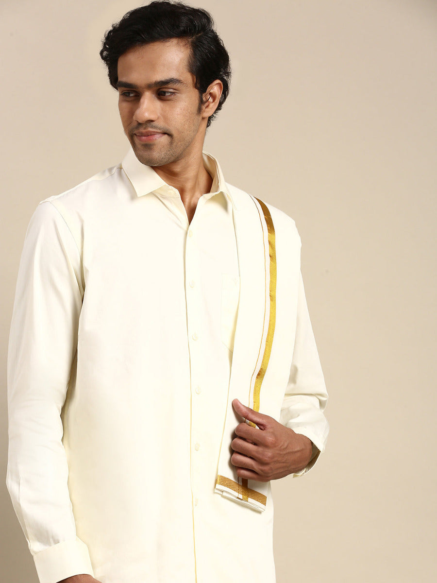 Mens Wedding Set Cream Regular Dhoti, Shirt & Towel Arathi 1/2"-Front view