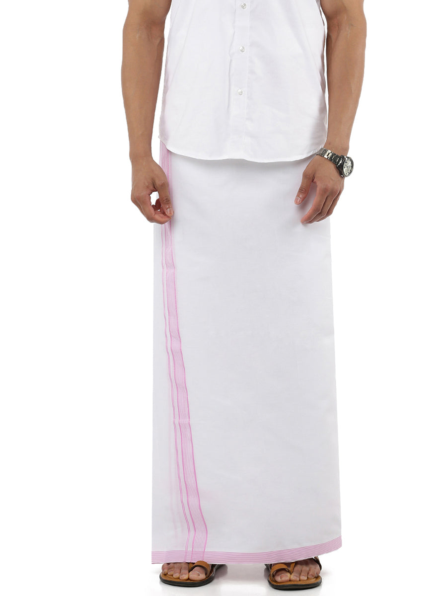 Mens Double Dhoti White with Fancy Border Prompt Light Pink