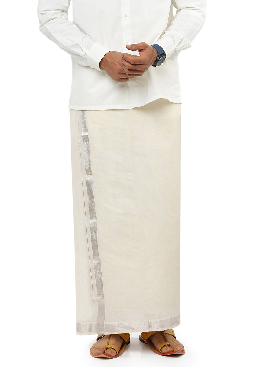 Mens Double Dhoti Cream with Silver Jari 1" Chaitra Silver