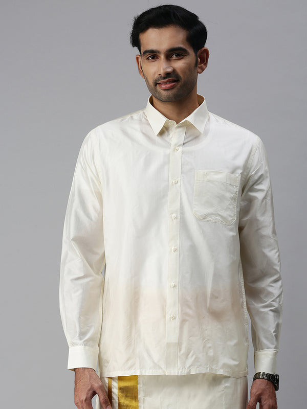 Mens Pure Silk Cream Shirt Full Sleeves Silk Mark