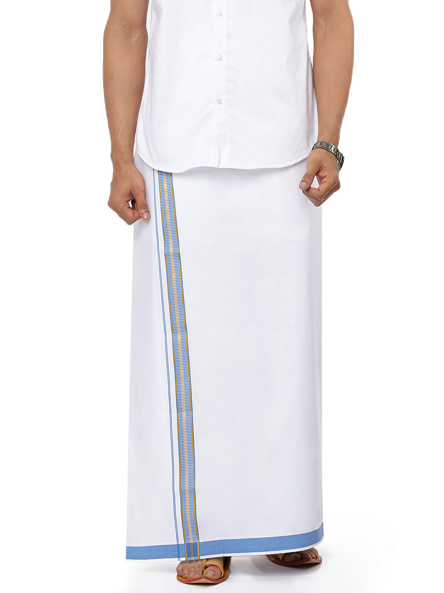 Mens Single Dhoti White Pound Jari Fancy Royal Blue