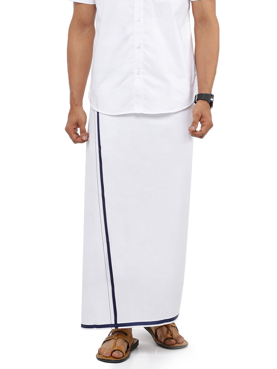 Mens Single Dhoti White with Big Border Tune Navy