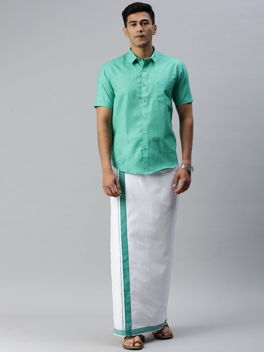 Mens Matching Border Adjustable Dhoti & Half Sleeves Shirt Set Green CC7