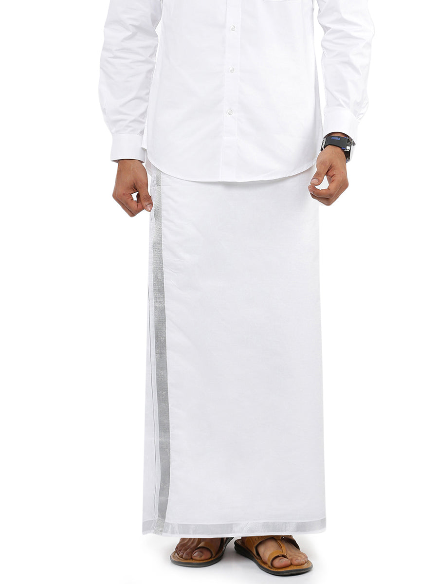 Mens Double Dhoti White with Silver Jari 3/4" Silver Star Fine