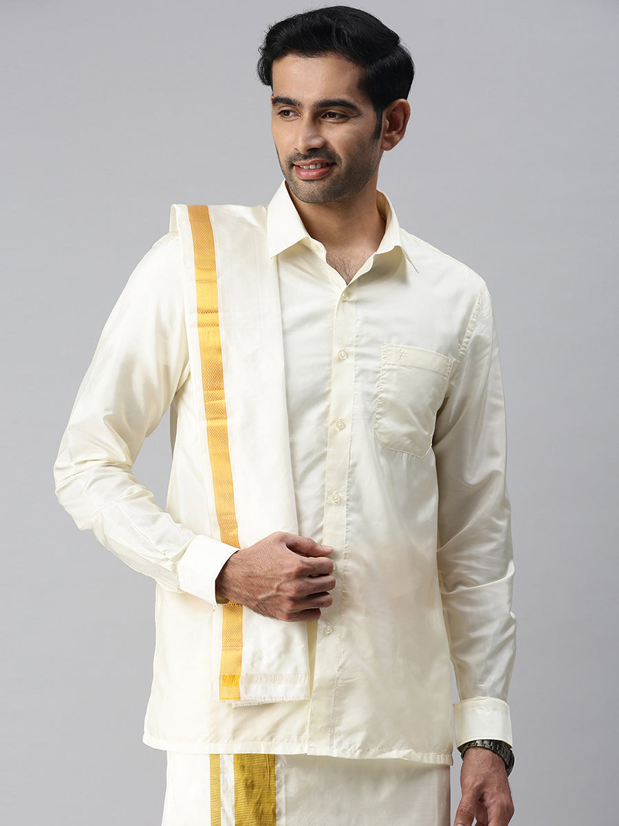 Mens Pure Silk Cream Wedding Set 1 1/2" Dhoti+Towel+Shirt-Front view