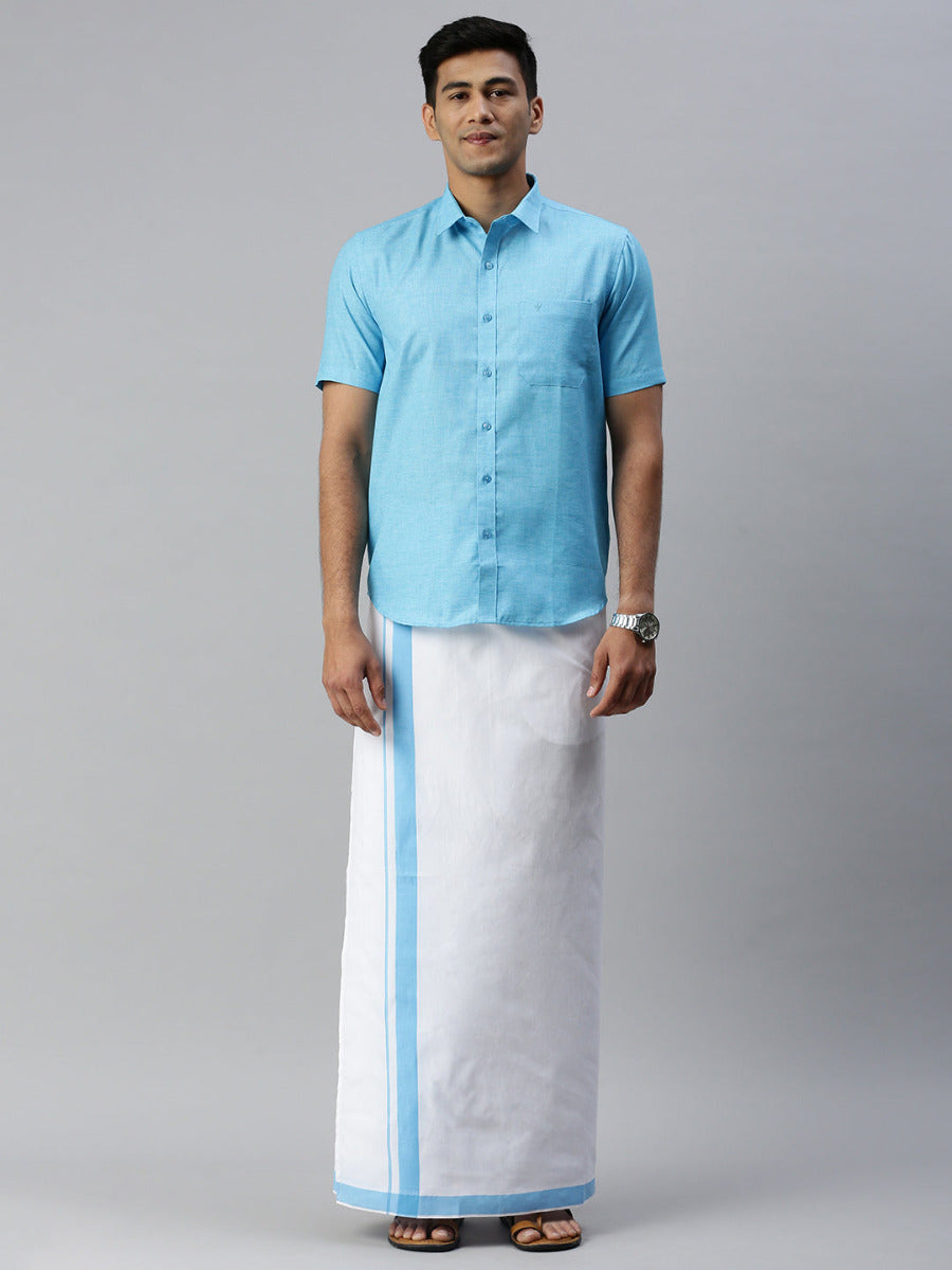 Mens Matching Border Adjustable Dhoti & Half Sleeves Shirt Set Blue CC5