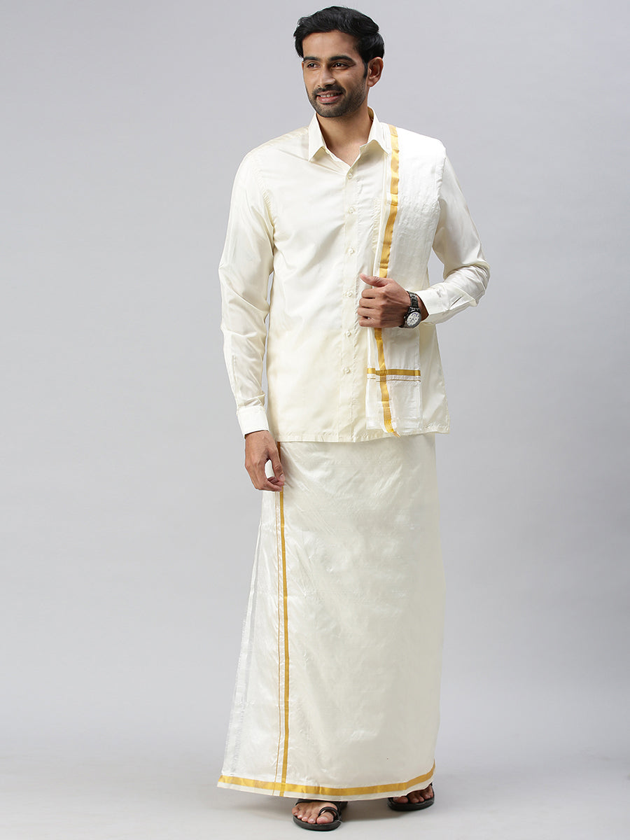 Mens Pure Silk Cream Wedding Set 1/2" Dhoti+Towel+Shirt