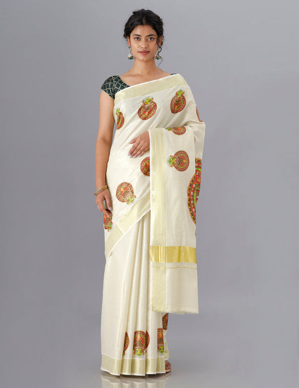 Womens Kerala Cream Saree KS16 Onam Collection