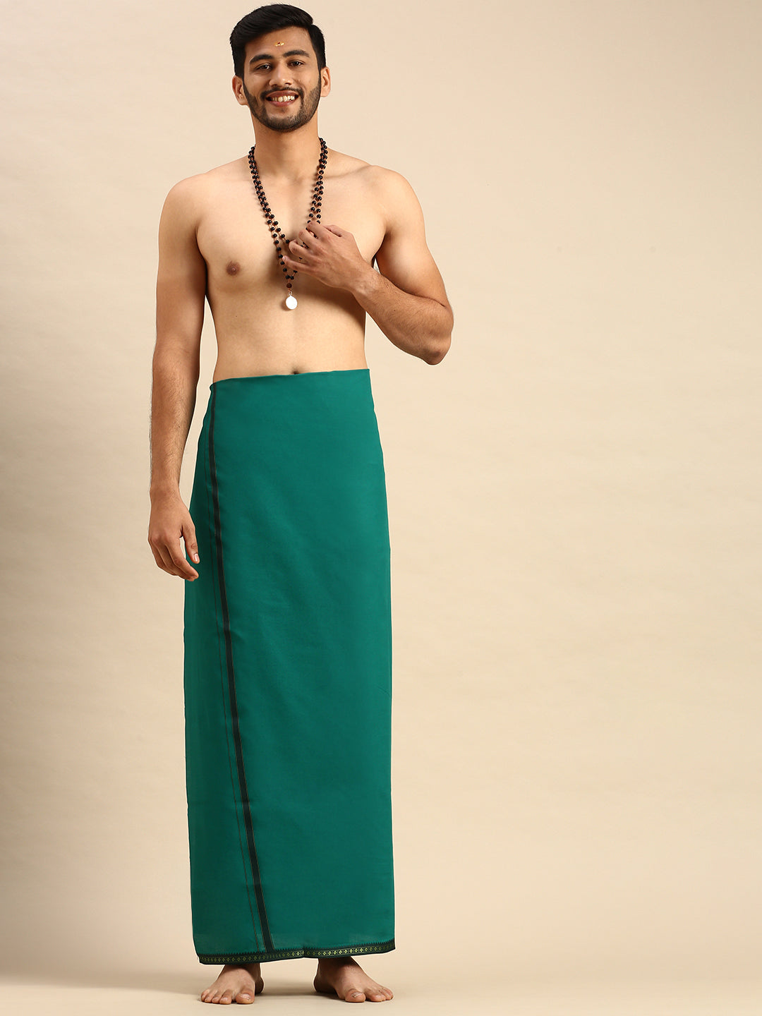 Mens Color Dhoti With Big Border Mercury Green-Front alternative view