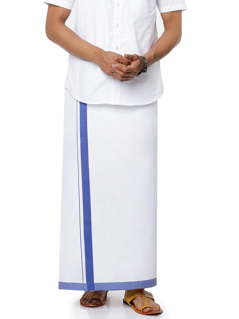 Mens Double Dhoti White with Fancy Border Redfort Special Royal Blue