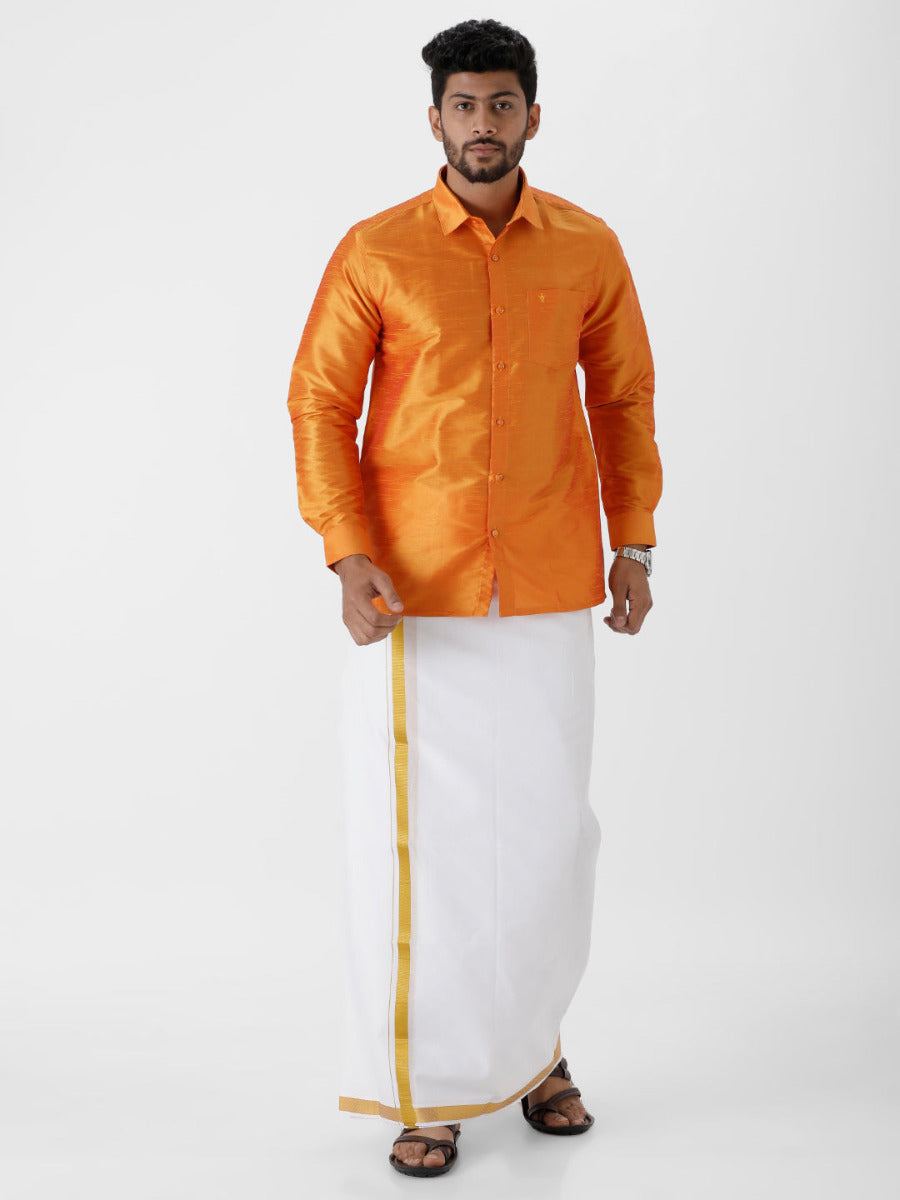 Silk Look Fancy Colour Full Sleeves Orange Shirt & Jari Dhoti Combo
