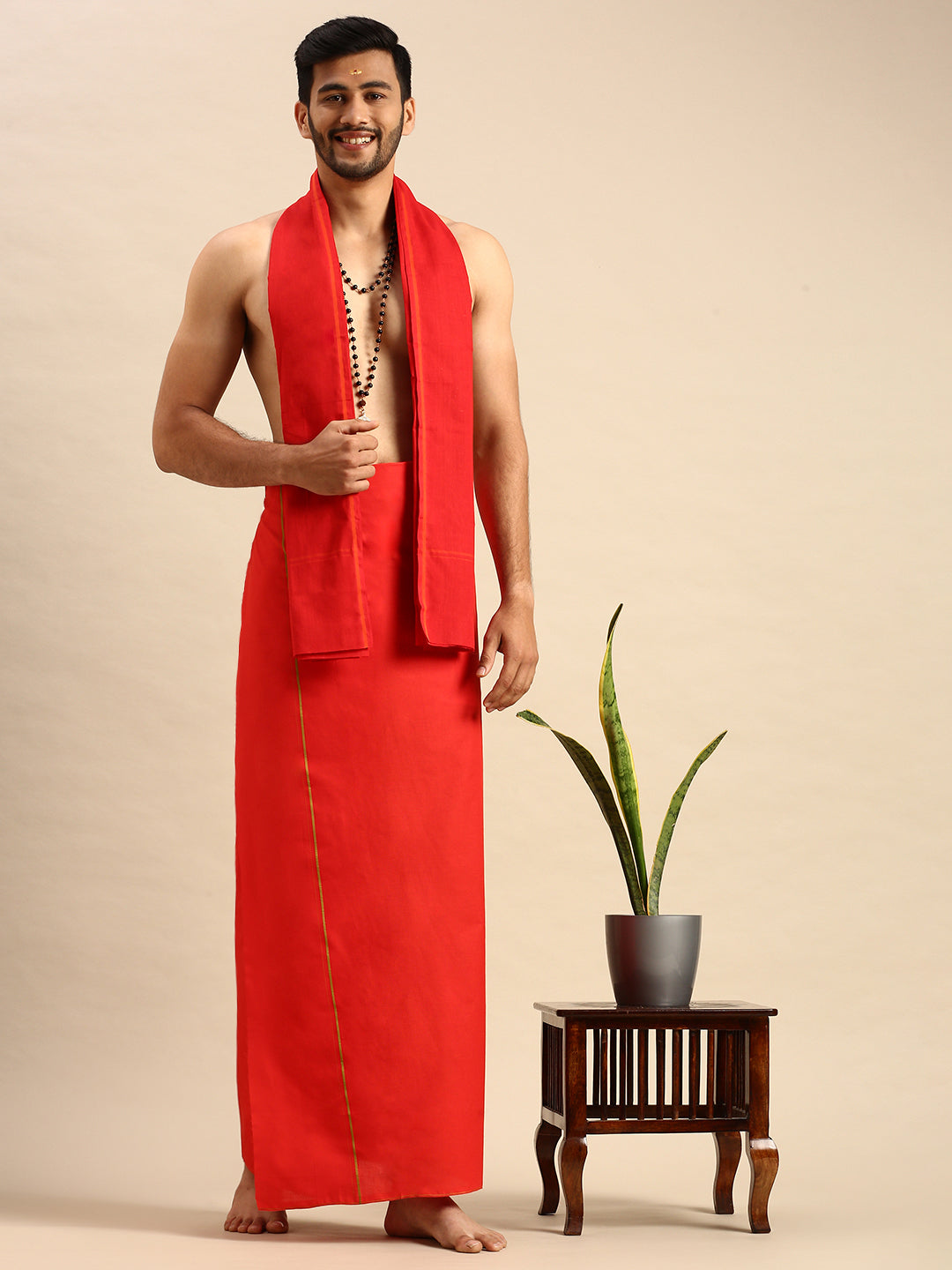 Mens Devotional Dhoti & Towel Set Golden Red