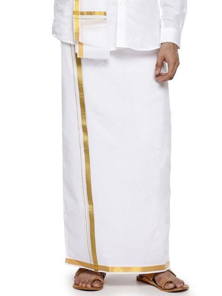 Mens Readymade Adjustable Dhoti + Towel Set White with Gold Jari