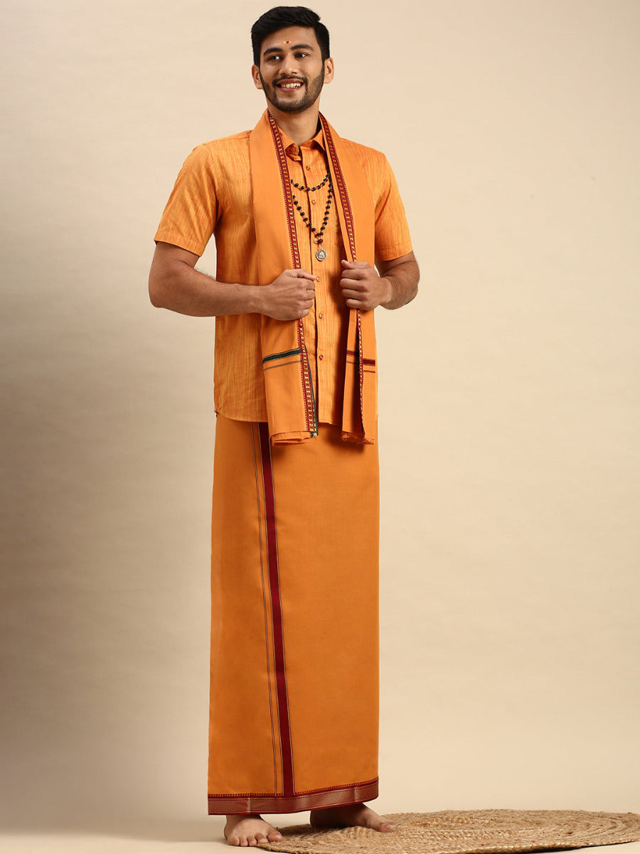 Mens Devotional Dhoti, Shirt & Towel Combo Kaavi