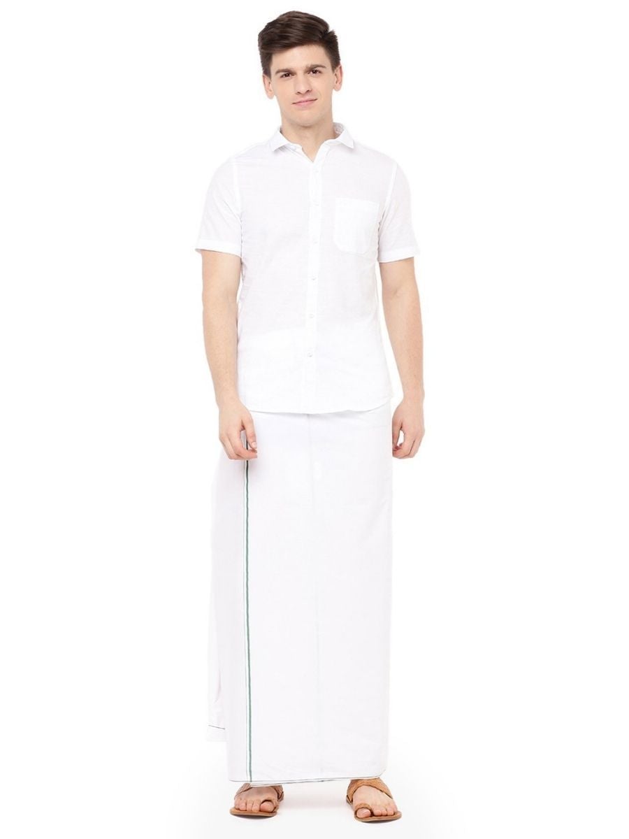 Mens Cotton White Half Sleeves Shirt with Small Border Dhoti Combo
