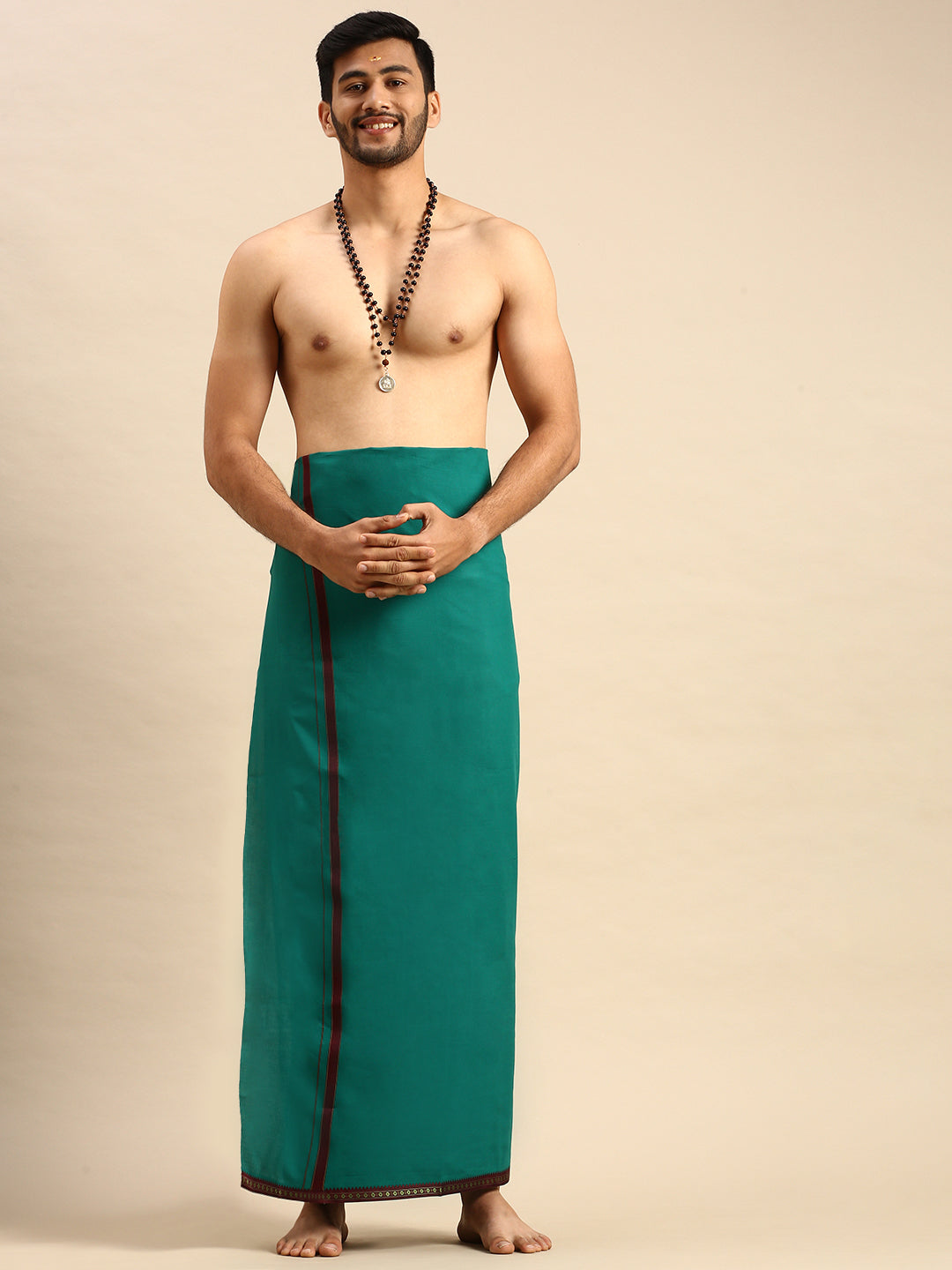Mens Color Dhoti With Big Border Mercury Green-Fornt view